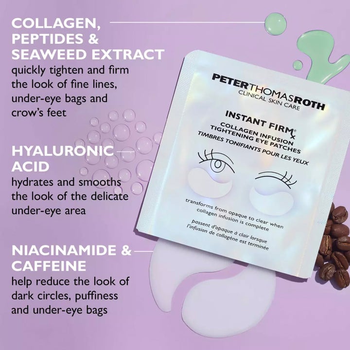 Peter Thomas Roth Instant FIRMx Collagen Infusion 8 kpl silmänalusnaamiot ainesosia esittelevällä liilalla taustalla.