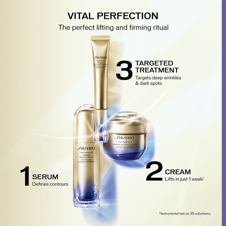 Shiseido Vital Perfection Liftdefine Radiance Serum 40 ml kiinteyttävä kasvoseerumi kultaisessa ja sinisessä pullossa.