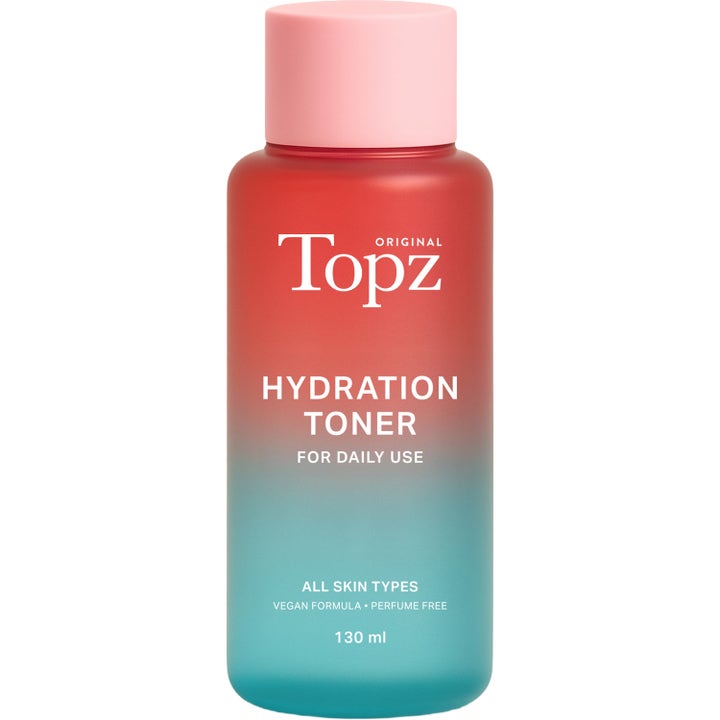 Topz Hydration Toner 130 ml kosteuttava kasvovesi punaisesta turkoosiin liukuvassa huurteisessa pullossa.