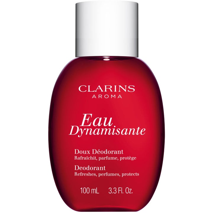 Clarins Eau Dynamisante Doux Déodorant 100 ml raikastava deodorantti punaisessa pullossa hopeisella korkilla