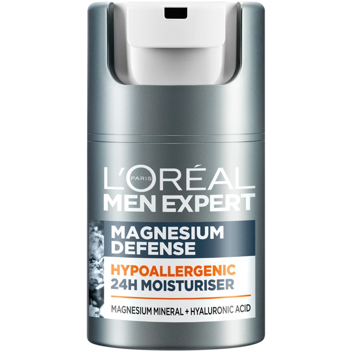 L'Oréal Men Expert Magnesium Defense 50 ml kosteusvoide vahvistaa herkkää ihoa harmaassa pumppupullossa.