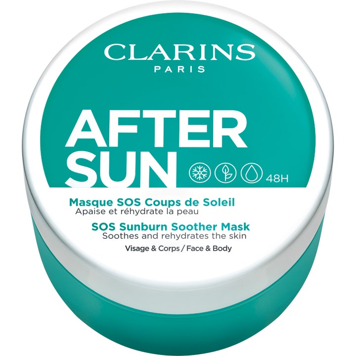 Clarins After Sun SOS Sunburn Soother Mask rauhoittava kosteusnaamio pyöreässä turkoosinvärisessä purkissa