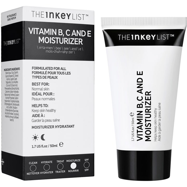 The INKEY List Vitamin B, C and E Moisturizer 50 ml kosteusvoide on valkoinen tuubi ja pakkaus mustilla teksteillä.