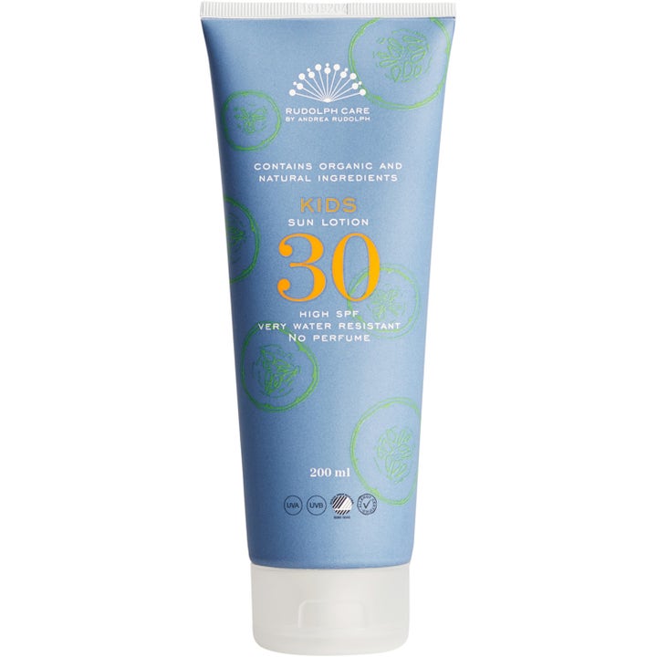 Rudolph Care Kids Sun Lotion SPF 30 200 ml aurinkovoide lapsille sinisessä tuubissa vihreillä kuvioilla.