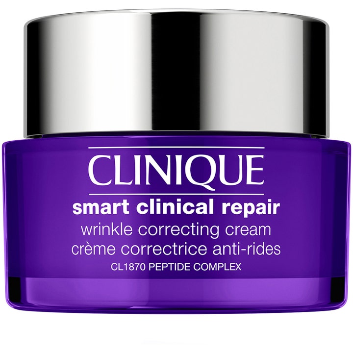 Clinique Smart Clinical Repair Wrinkle Correcting Cream ryppyjä silottava kasvovoide violetissa purkissa hopeakannella.