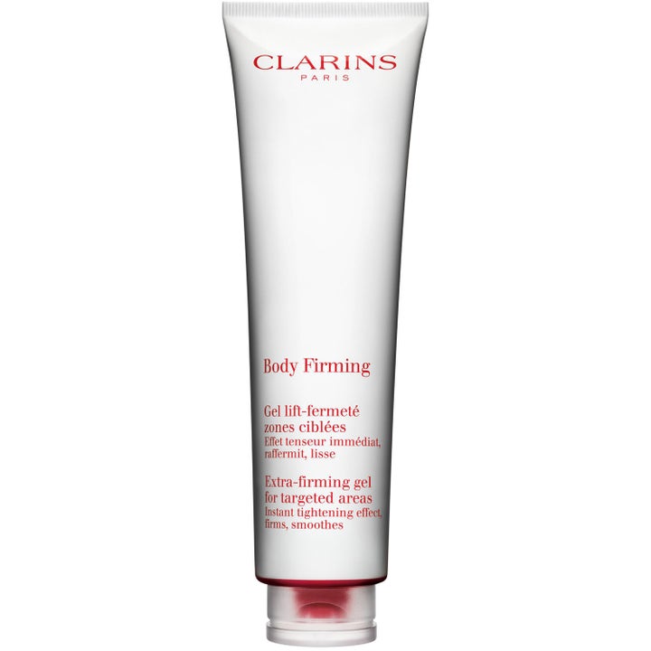 Clarins Body Firming Extra-Firming Gel kiinteyttävä vartalogeeli valkoisessa tuubissa punaisella tekstillä.