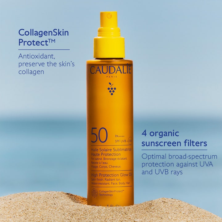 Caudalie Vinosun High Protection Glow Oil 150 ml SPF50 aurinkoöljy rannalla antaa iholle hehkua.