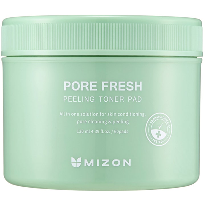 Mizon Pore Fresh Peeling Toner Pad 60 kpl kuorivat kasvovesilaput vaaleanvihreässä muovipurkissa syväpuhdistavat ihohuokoset