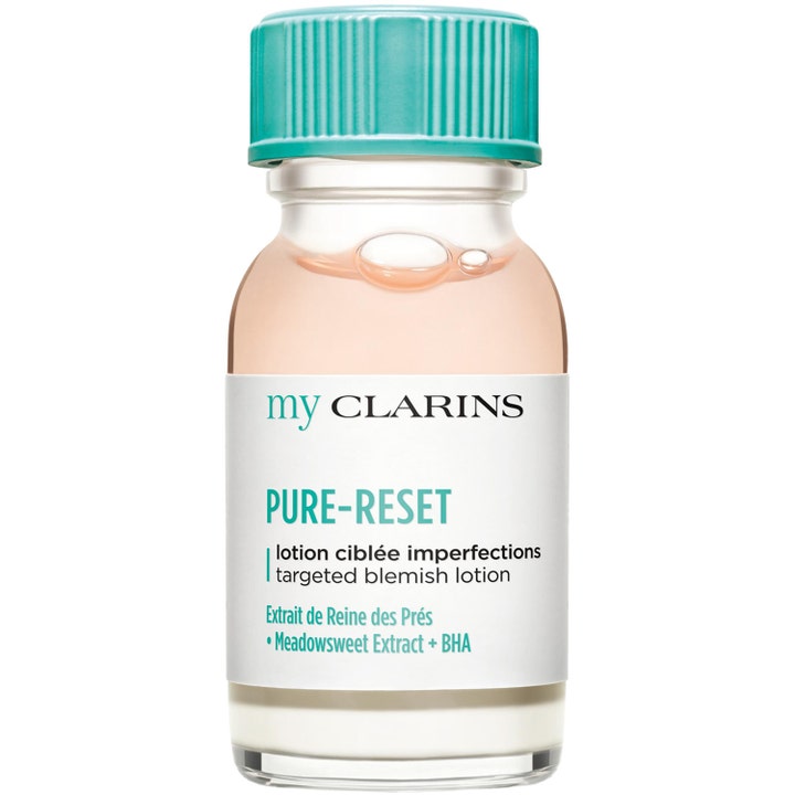 My Clarins Pure-Reset Targeted Blemish Lotion 15 ml epäpuhtauksia hoitava neste huurteisessa pullossa turkoosilla korkilla