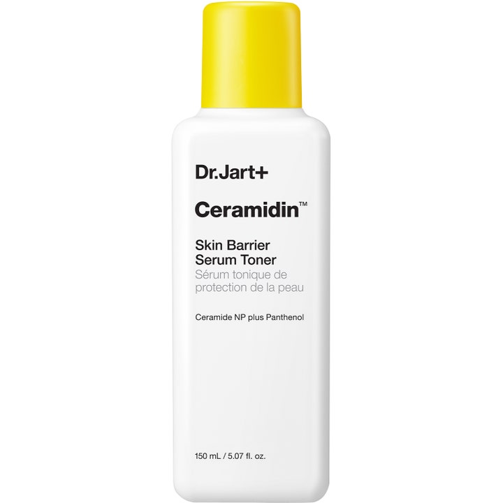 Dr.Jart+ Ceramidin Skin Barrier Serum Toner 150 ml kosteuttava kasvovesi valkoisessa muovipullossa keltaisella korkilla.