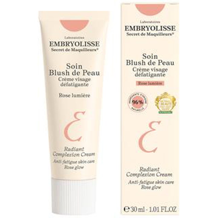 Embryolisse Radiant Complexion Cream 30 ml heleyttävä kasvovoide vaaleassa tuubissa ja vaaleanpunaisessa pakkauksessa