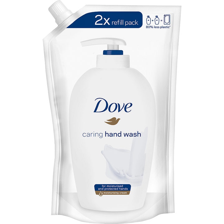 Dove Caring Hand Wash 2x täyttöpakkaus hoitava käsisaippua valkoisessa pussissa jossa on kuva pumppupullosta