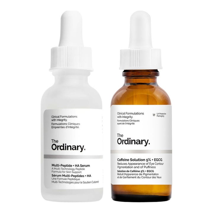 The Ordinary Buffet ja Caffeine Solution seerumit 30ml häivyttävät juonteita ja turvotusta huurteisessa ja ruskeassa pipettipullossa.