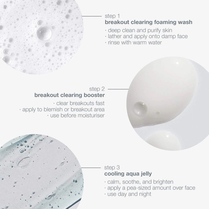Dermalogica Clear Start Breakout Clearing Kit Duo puhdistusvaahto, boosteri ja kasvovoide tekstuureina.