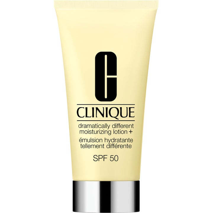 Clinique Dramatically Different Moisturizing Lotion+ SPF 50 kosteuttava kasvovoide vaaleankeltaisessa tuubissa hopeisella korkilla