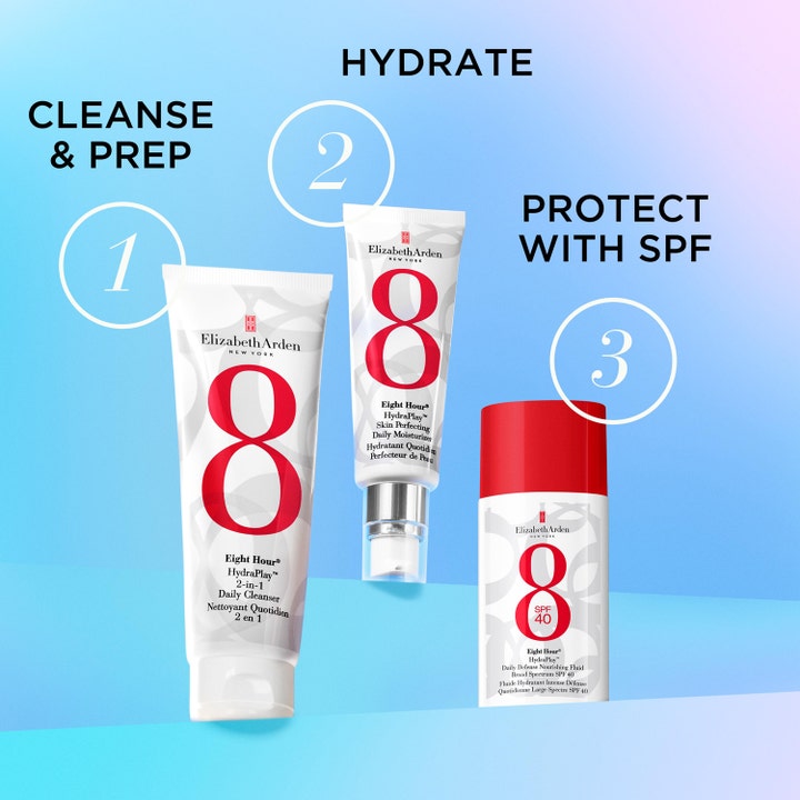 Elizabeth Arden Eight Hour Sun Hydraplay SPF40 50 ml kosteuttava aurinkovoide osana kolmivaiheista ihonhoitorutiinia.