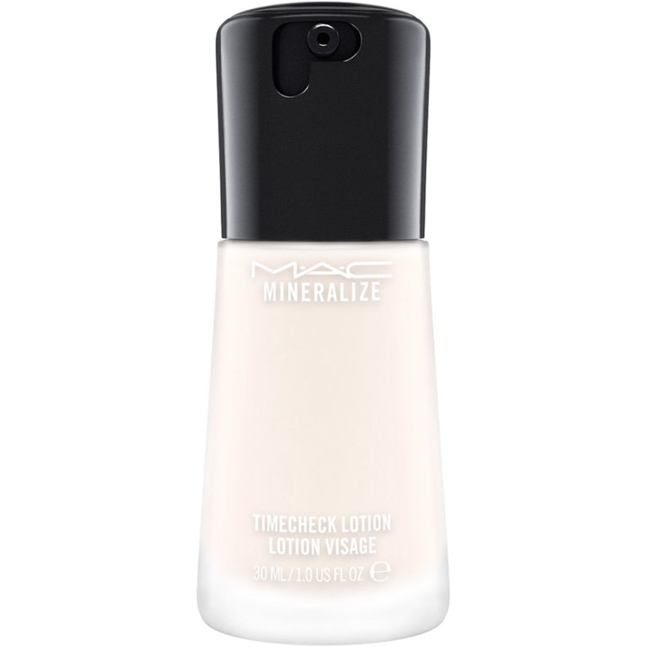 MAC Mineralize Timecheck Lotion 30 ml kosteuttava kasvovoide silottaa ihoa huurteisessa lasipullossa mustalla pumpulla