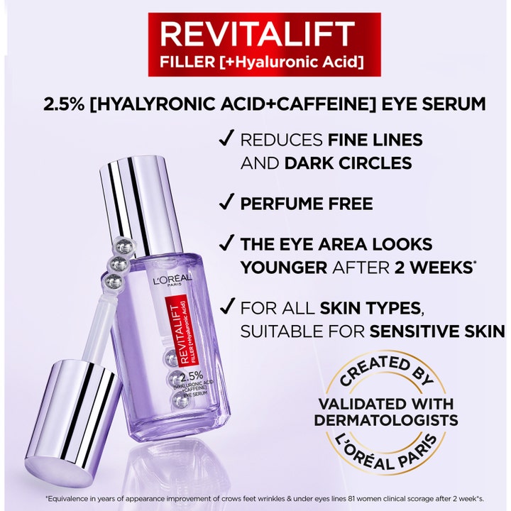 L'Oréal Paris Revitalift Filler 20 ml silmänympärysseerumi kofeiinilla häivyttää tummia silmänalusia violetissa pullossa.