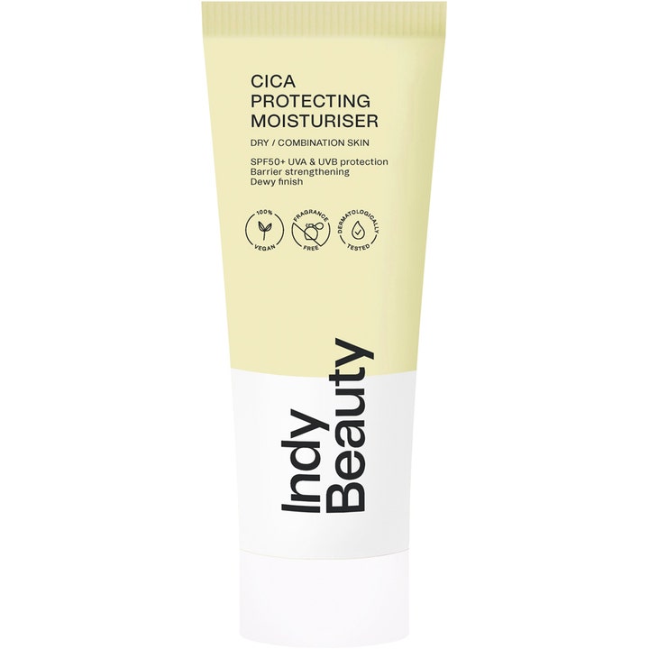 Indy Beauty Cica Protecting Moisturiser 50 ml SPF 50+ vahvistava päivävoide kelta-valkoisessa tuubissa