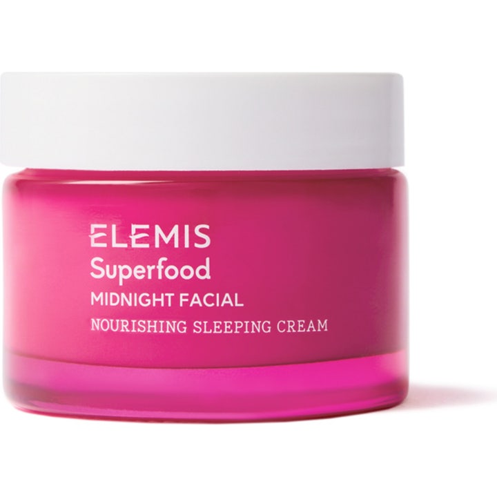 Elemis Superfood Midnight Facial Masque 50 ml ravitseva yönaamio purppuranvärisessä lasipurkissa valkoisella kannella