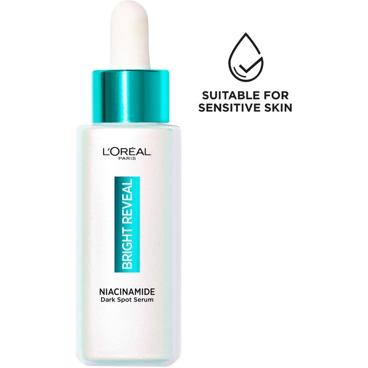 L'Oréal Paris Bright Reveal Niacinamide 30 ml seerumi tummiin läiskiin helmiäisessä pipettipullossa herkälle iholle.