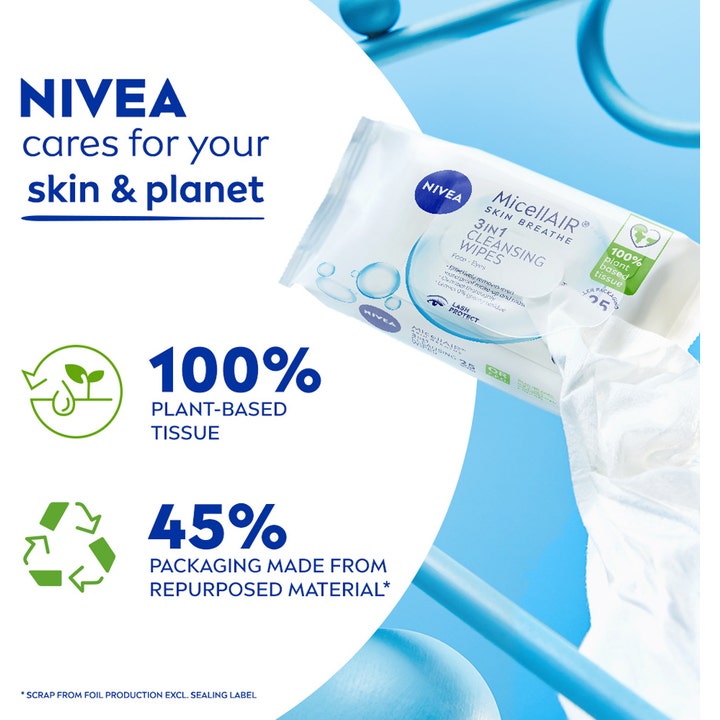 NIVEA MicellAIR Expert Wipes 25 kpl puhdistusliinat 100 % kasvipohjaisesta kuidusta suojaavat ripsiä.