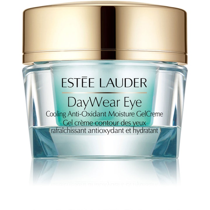 Estée Lauder DayWear Eye 15ml viilentävä antioksidantti-silmänympärysvoide vaaleansinisessä lasipurkissa kultaisella korkilla.