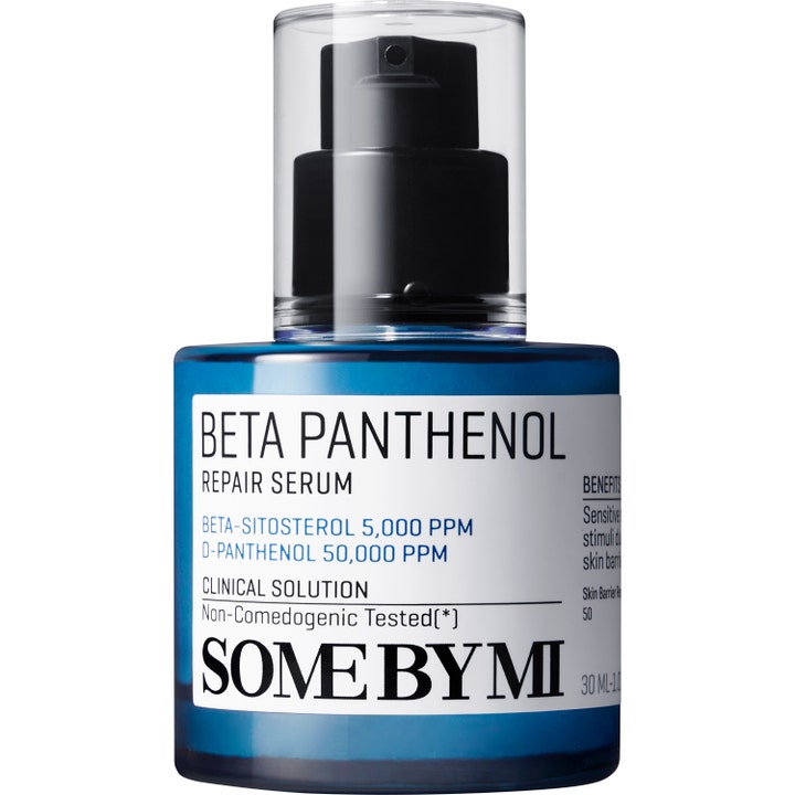 Some By Mi Beta Panthenol Repair Serum 30 ml ihoestettä vahvistava seerumi sinisessä lasipullossa, jossa on musta pumppu.