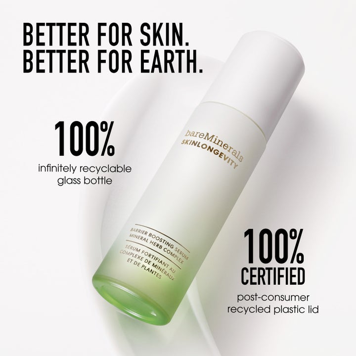 bareMinerals Skinlongevity Barrier Boosting Serum 30 ml vahvistava seerumi kierrätettävässä vihreäsävyisessä lasipullossa