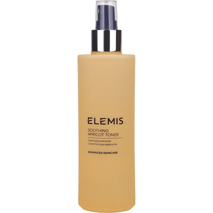 Elemis Soothing Apricot Toner 200 ml rauhoittava kasvovesi persikanvärisessä suihkepullossa, jossa on hopeinen kaulus.
