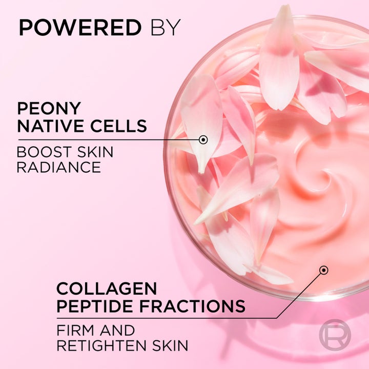 L'Oréal Paris Golden Age Rosy 50 ml heleyttävä päivävoide, jossa vaaleanpunainen voide ja pionin terälehtiä.