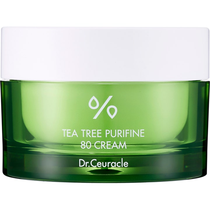 Dr. Ceuracle Tea Tree Purifine 80 Cream 50 ml rauhoittava kasvovoide vihreässä lasipurkissa valkoisella korkilla