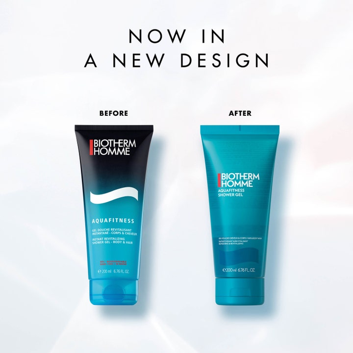 Biotherm Homme Aquafitness 200 ml suihkugeeli näyttää uuden ja vanhan pakkauksen vertailun.