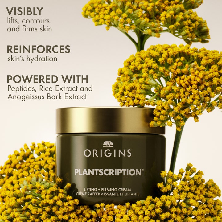 Origins Plantscription Powerful Lifting Face Cream 50 ml kiinteyttävä voide sisältää peptidejä keltaisten kukkien keskellä.