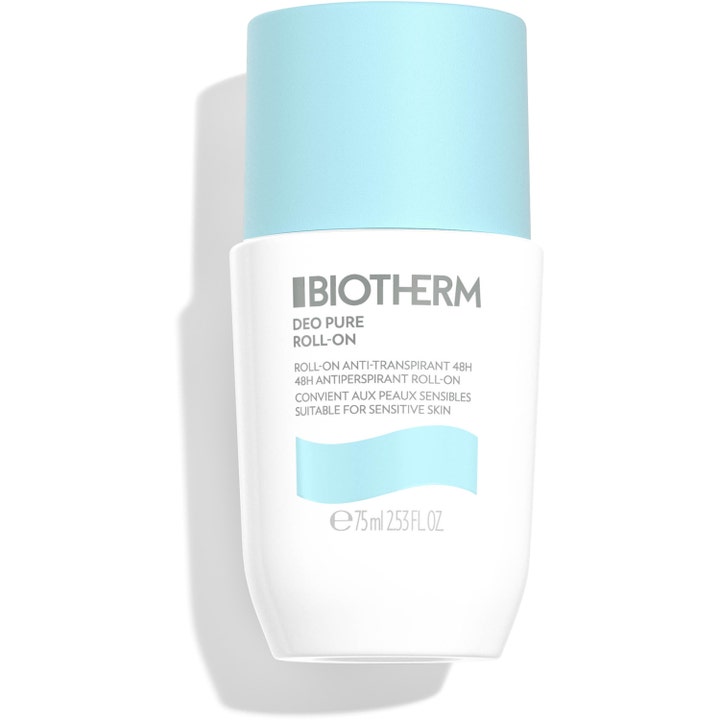 Biotherm Deo Pure Roll-On 75 ml antiperspirantti herkälle iholle valkoisessa pullossa vaaleansinisellä korkilla.