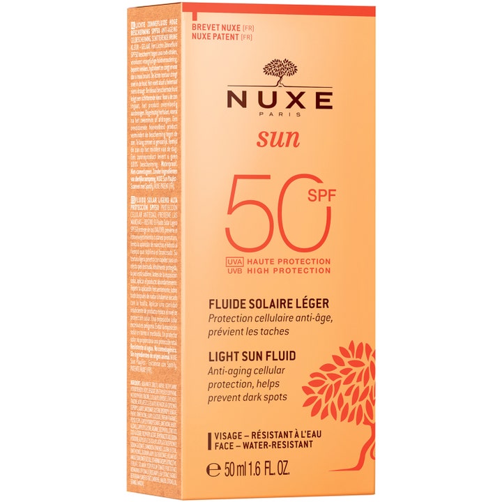 Nuxe Sun Fluid SPF 50 50 ml suojaava aurinkovoide oranssissa pakkauksessa ehkäisee ikääntymistä.