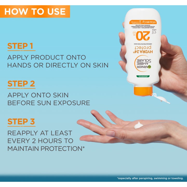 Garnier Ambre Solaire Hydra 24H Protect 175 ml aurinkosuojavoide ja käyttöohjeet vaiheittain kuvattuna