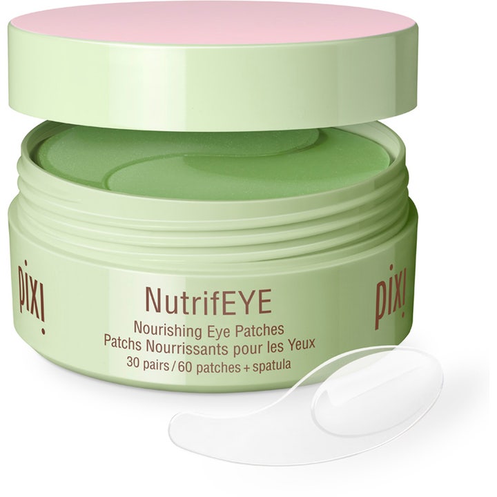 Pixi NutrifEYE 30 paria ravitsevat silmänalusnaamiot vihreässä purkissa, jossa on pinkki kansi ja spaatteli.