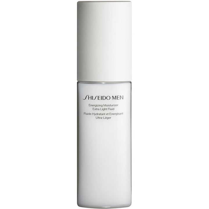 Shiseido Men Energizing Moisturizer Extra Light Fluid energisoiva kasvovoide kapeassa valkoisessa pumppupullossa