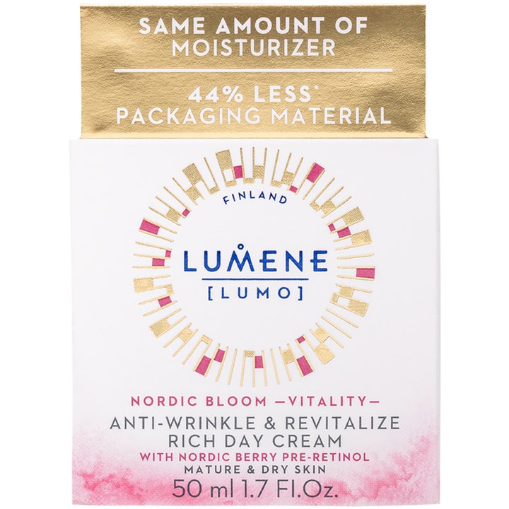 Lumene Nordic Bloom Vitality 50 ml elvyttävä päivävoide valkoisessa pahvipakkauksessa, jossa on kultainen yläosa.