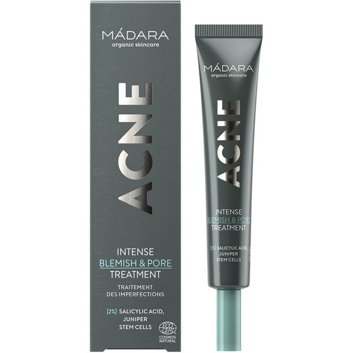 MÁDARA Acne Intense Blemish & Pore Treatment 20 ml epäpuhtauksia hoitava täsmähoito harmaassa tuubissa ja pakkauksessa