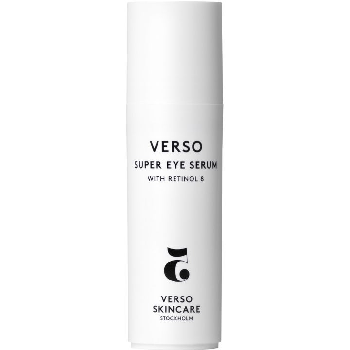 Verso Super Eye Serum 30 ml kiinteyttävä silmänympärysseerumi valkoisessa pumppupullossa mustilla teksteillä.