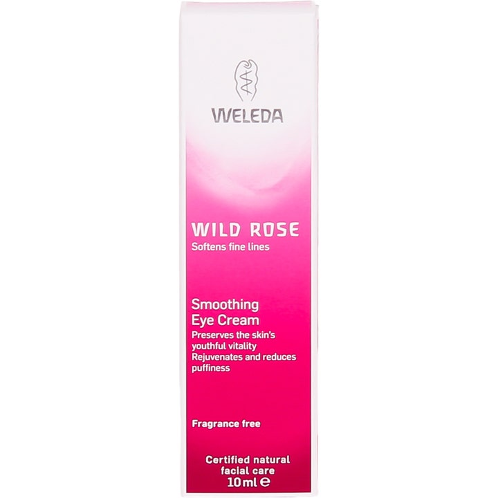 Weleda Wild Rose Smoothing Eye Cream 10 ml silmänympärysvoide vaaleanpunaisessa pahvipakkauksessa.