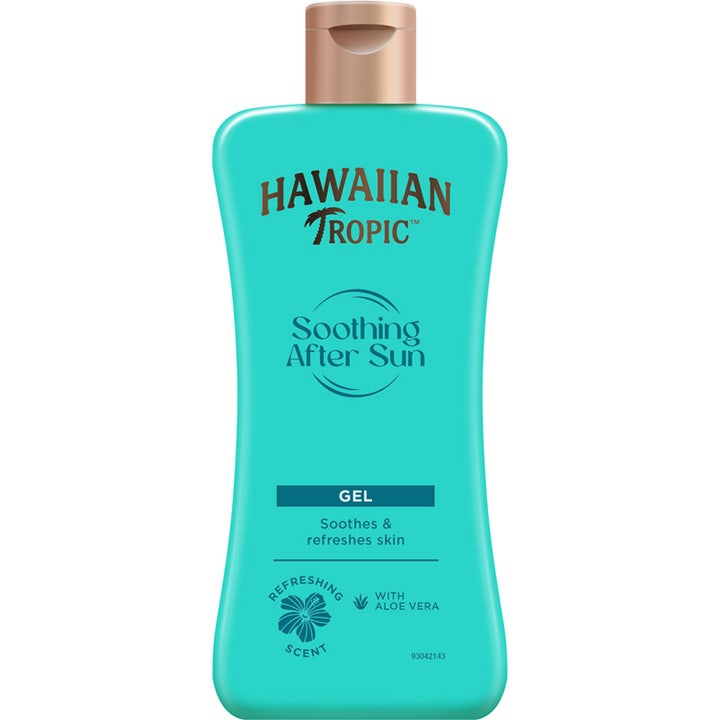 Hawaiian Tropic Soothing After Sun Gel rauhoittava aloe vera -geeli turkoosissa pullossa, jossa on pronssinen korkki.