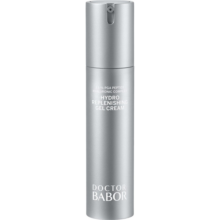 Doctor Babor Hydro Replenishing Gel Cream 50 ml kosteuttava geelivoide hopeisessa mattapintaisessa pumppupullossa.