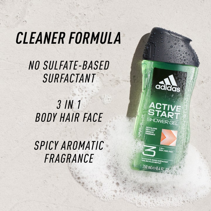 Adidas Active Start 250 ml suihkugeeli on vihreässä muovipullossa valkoisen vaahdon keskellä.