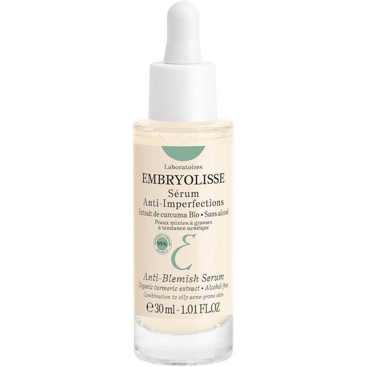 Embryolisse Anti-Blemish Serum 30 ml epäpuhtauksia hoitava seerumi kirkkaassa pipettipullossa.