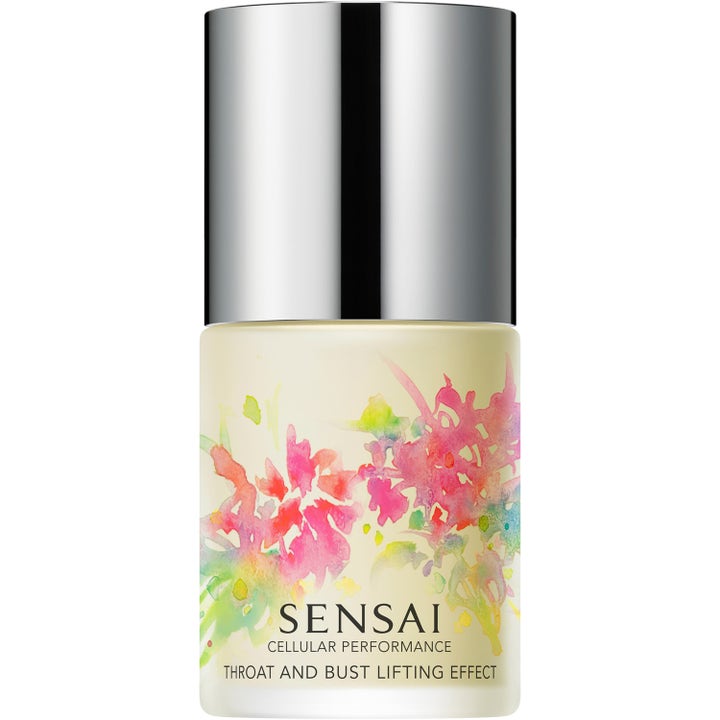 Sensai Throat and Bust Lifting Effect 100 ml kiinteyttävä voide kukkakuvioidussa pullossa hopeisella korkilla.