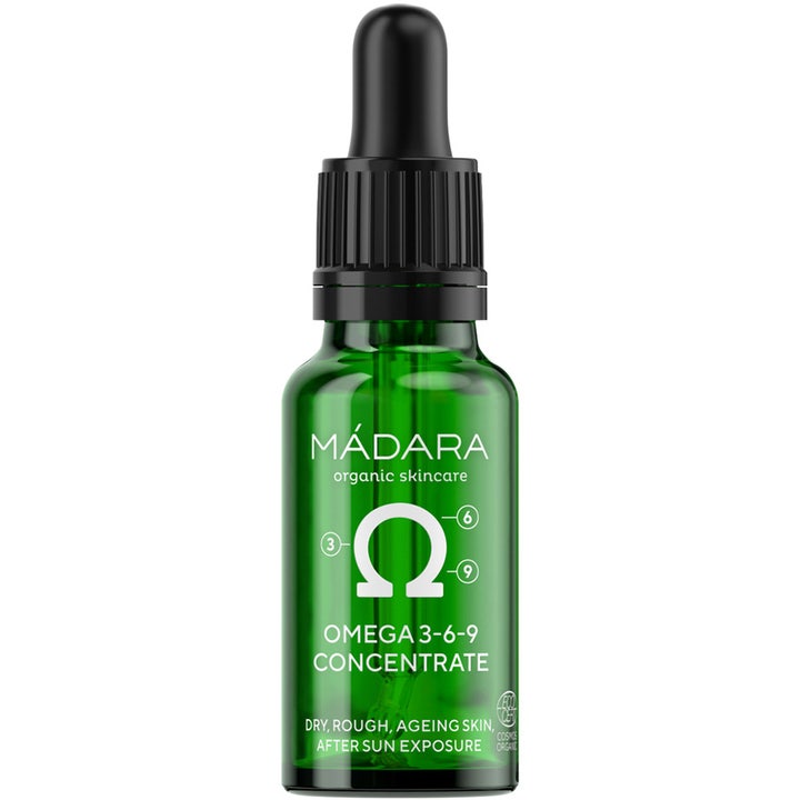 Mádara Omega 3-6-9 Concentrate elvyttävä tiiviste kuivalle iholle vihreässä lasipullossa jossa on musta pipetti