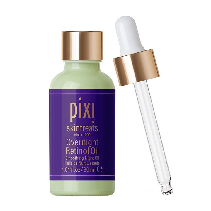Pixi Overnight Retinol Oil 30 ml silottava yööljy vihreässä lasipullossa, jossa on liila etiketti ja kultainen pipetti.